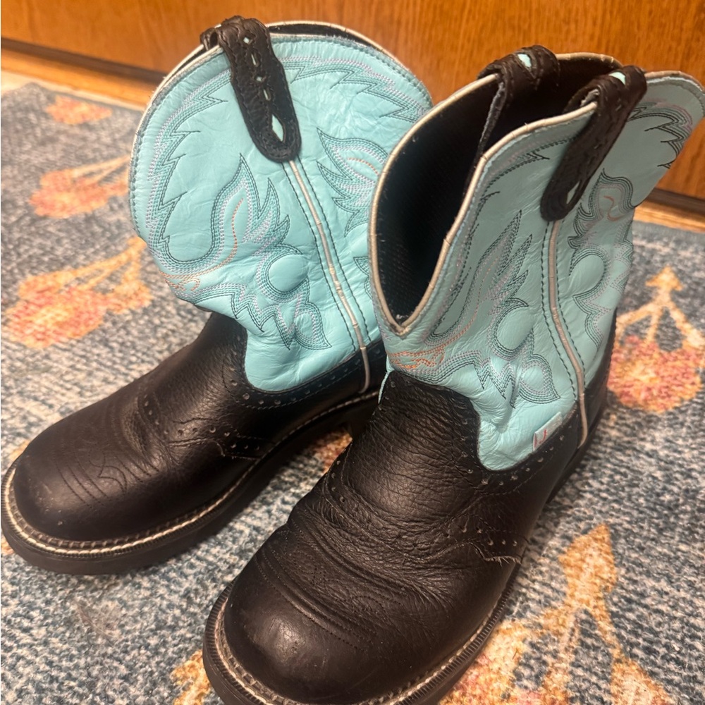 JustinBlack and Light Blue Leather Boots